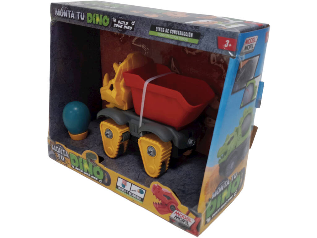Costruisci il tuo Dino Dumper rosso, giallo e grigio con gli attrezzi
