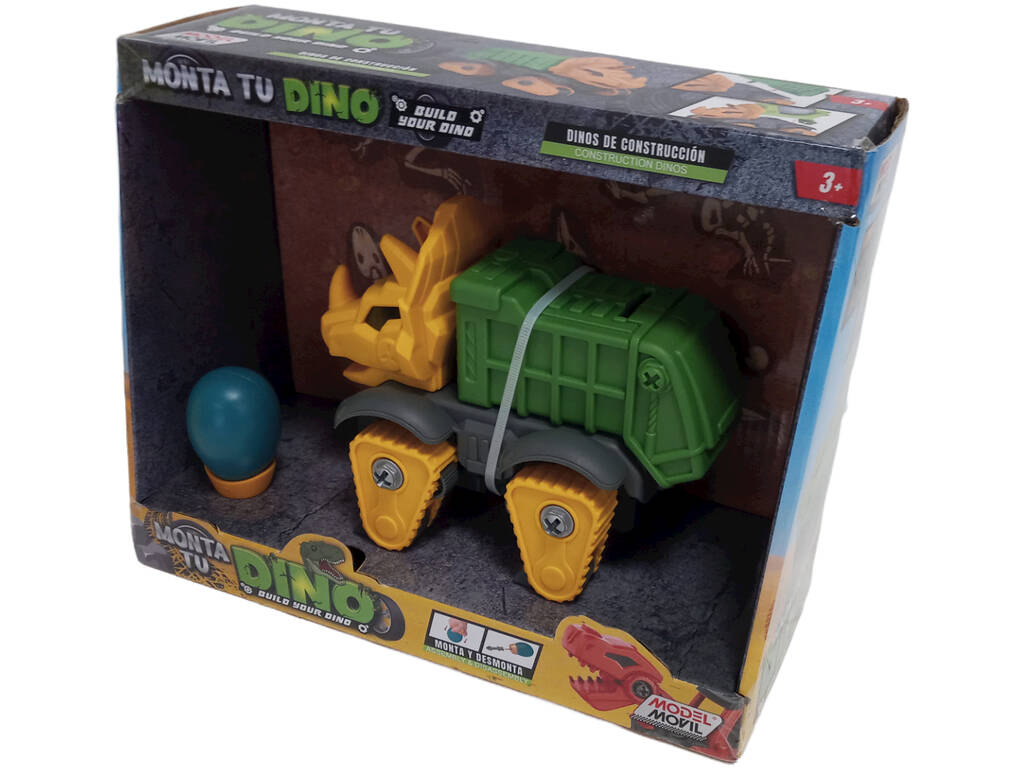 Assemblez votre camion-poubelle Dino vert, jaune et gris avec des outils.