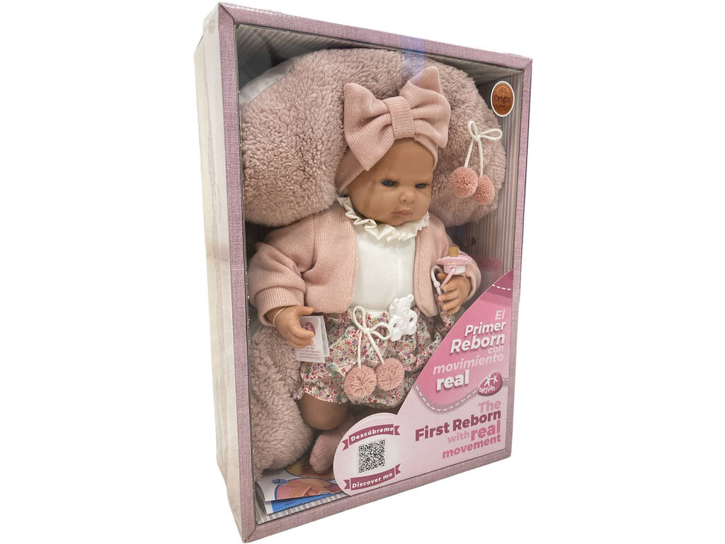 Bambola Reborn con movimento reale, giacca e cuscino rosa Berjuan 18210