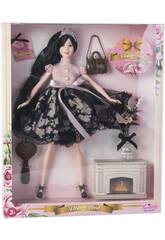 Poupée Fashion 28 cm. avec jupe noire, chemise rose et accessoires