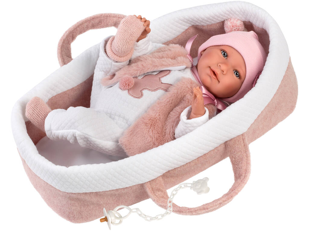 Bambola Mimi piagnucolona con Culla rosa 40 cm. Llorens 74012