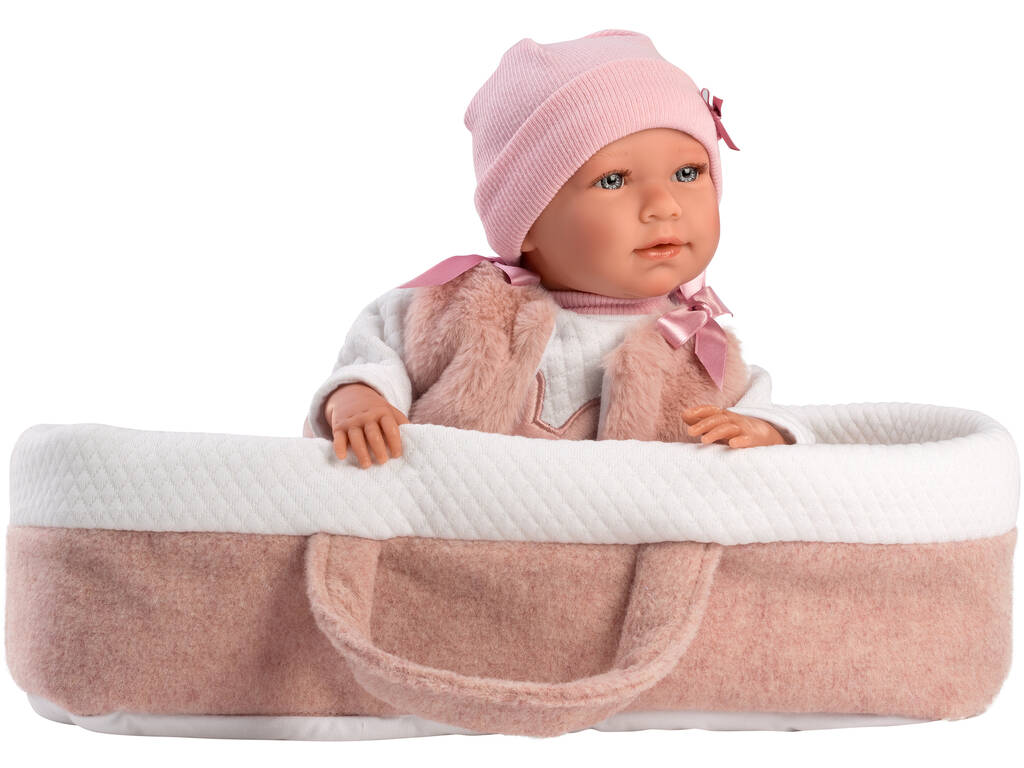 Bambola Mimi piagnucolona con Culla rosa 40 cm. Llorens 74012