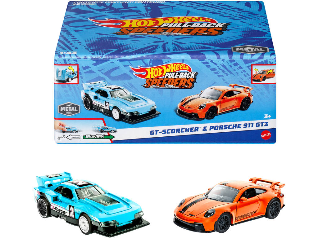 Hot Wheels Pack 2 Pull-Back-Rennwagen Speeders Mattel HPR91