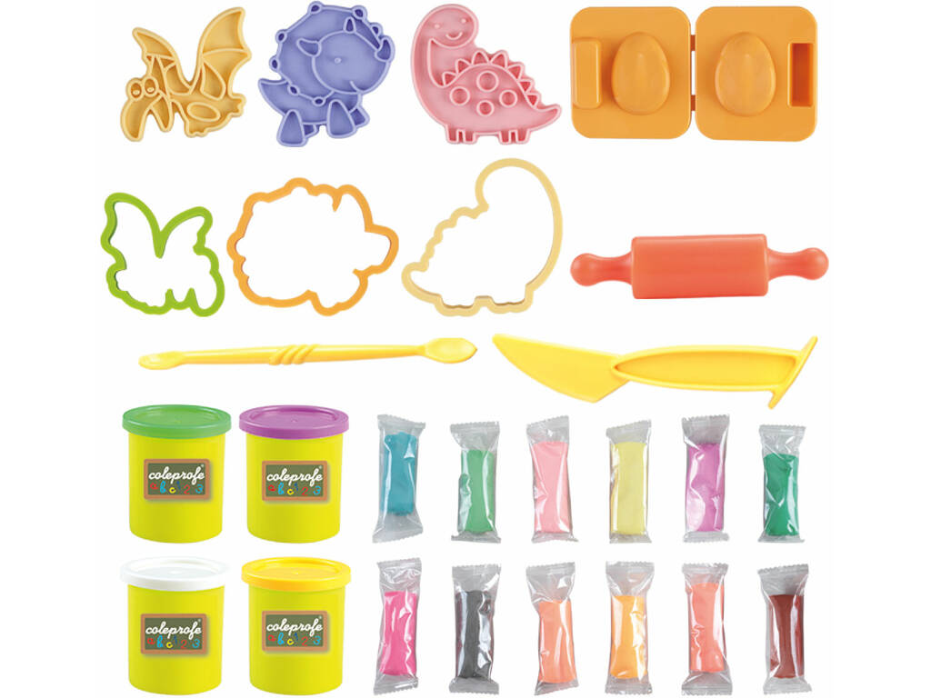 Set de pâte à modeler 29 pièces avec 4 pots de 50 g et 12 sachets de 20 g Dinosaures