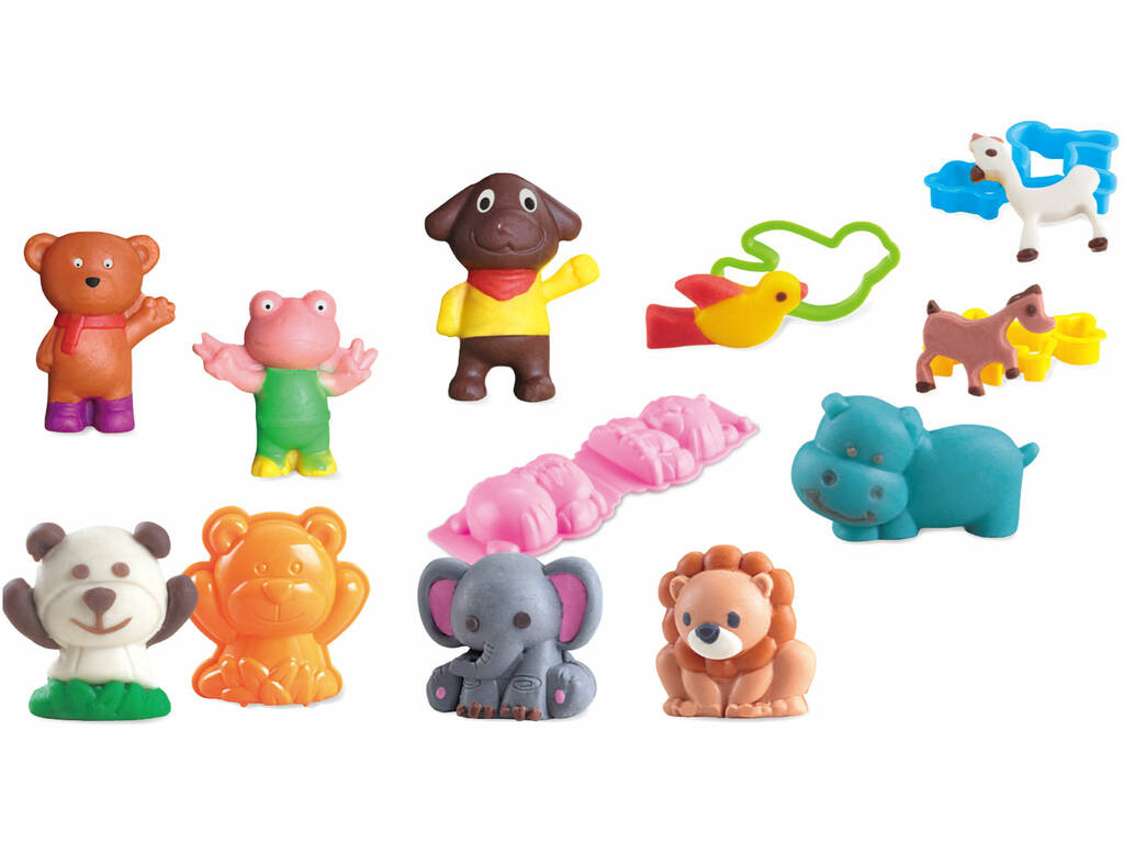 Set di attrezzi per modellare 27 pezzi con 4 barattoli da 50 g e 12 bustine da 20 g Animali
