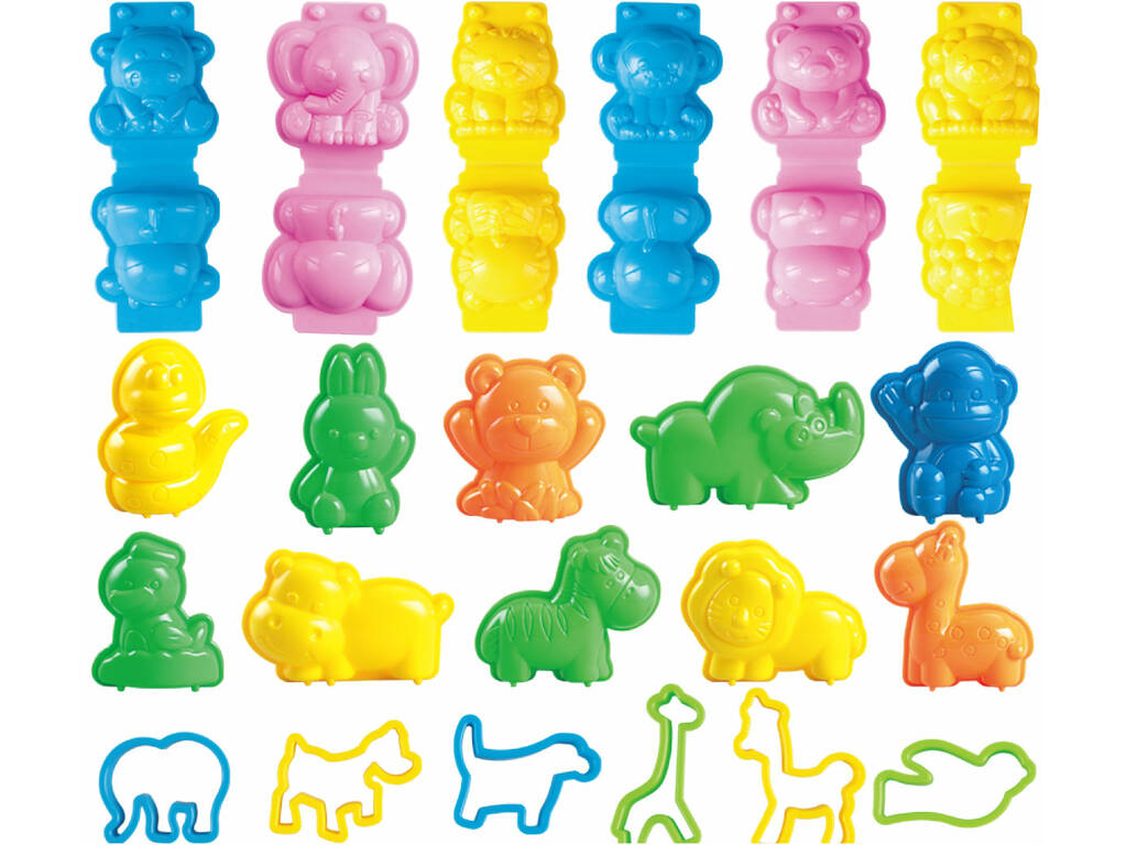 Set di attrezzi per modellare 27 pezzi con 4 barattoli da 50 g e 12 bustine da 20 g Animali