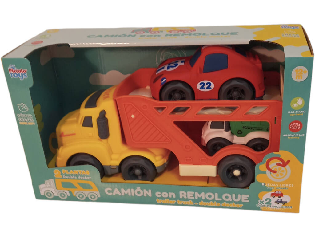 Kinder-Truck 32 cm gelb mit Anhänger mit Auto 14,5 cm und LKW 10,5 cm