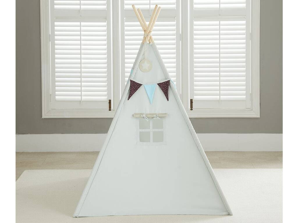 Maison Tipi bleu et gris avec tapis et coussins