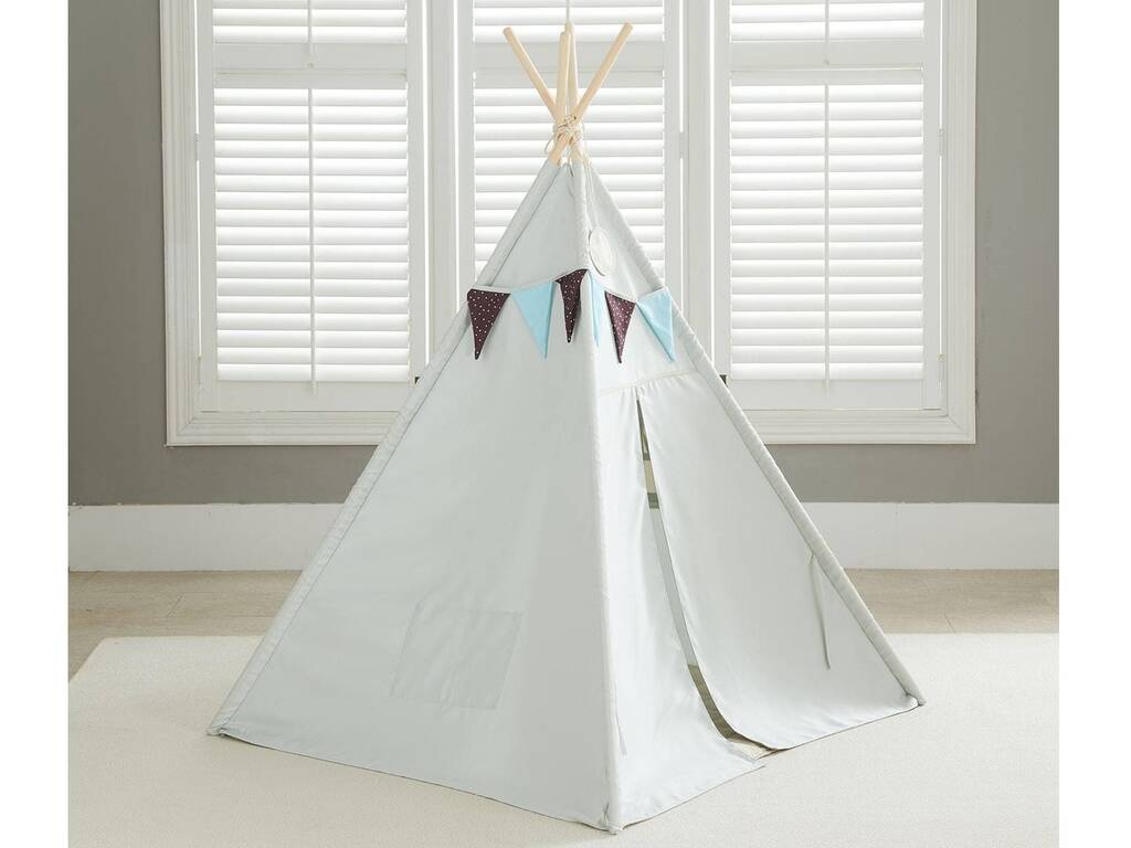 Maison Tipi bleu et gris avec tapis et coussins