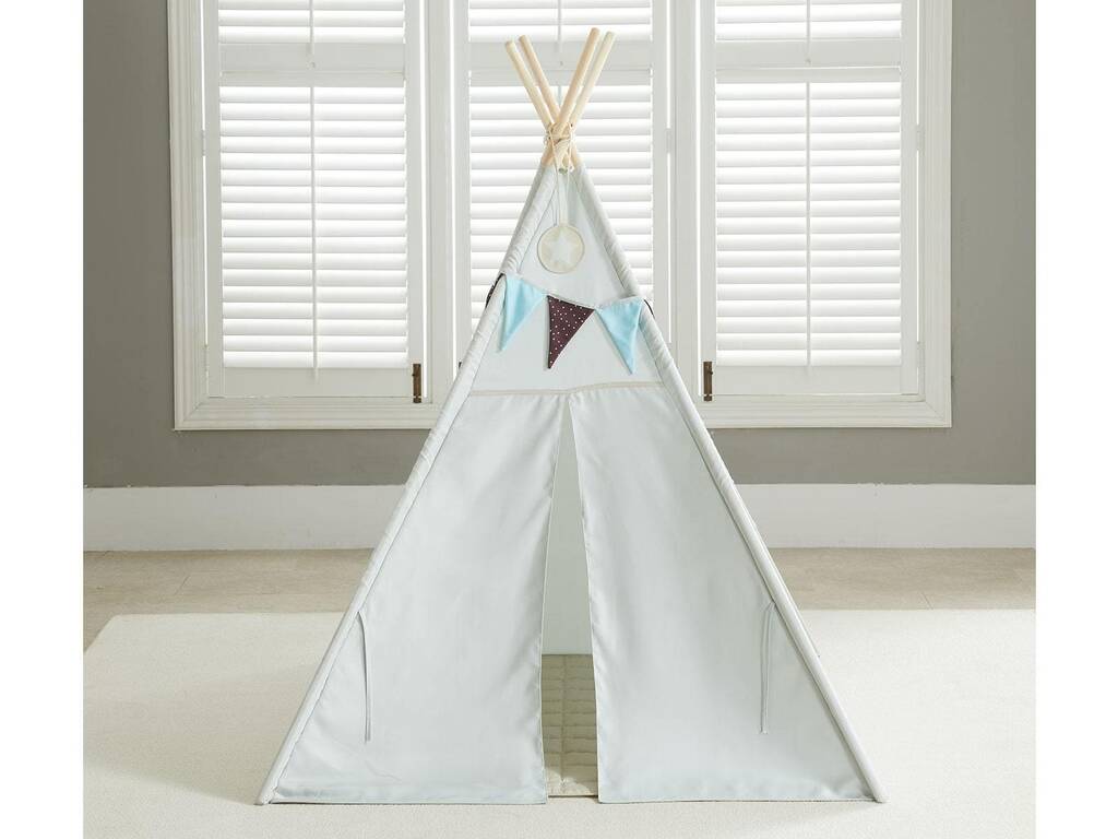 Maison Tipi bleu et gris avec tapis et coussins