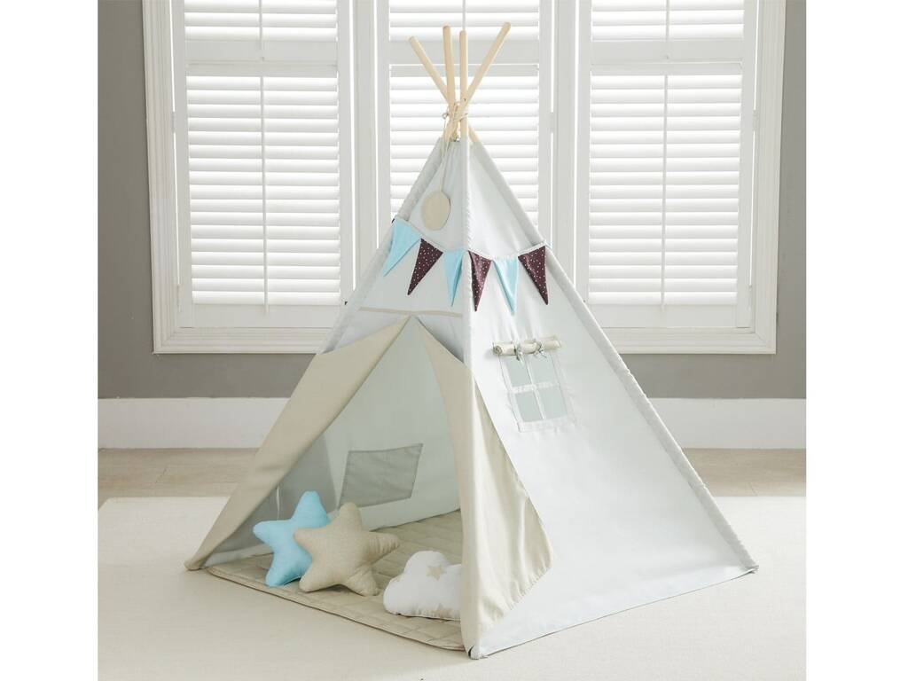 Maison Tipi bleu et gris avec tapis et coussins
