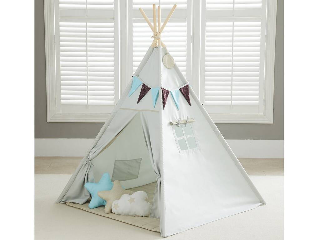 Maison Tipi bleu et gris avec tapis et coussins