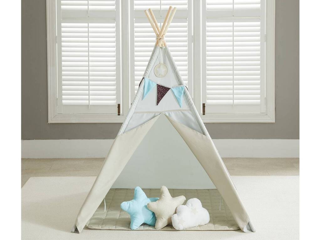 Maison Tipi bleu et gris avec tapis et coussins