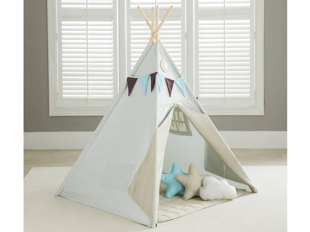 Maison Tipi bleu et gris avec tapis et coussins