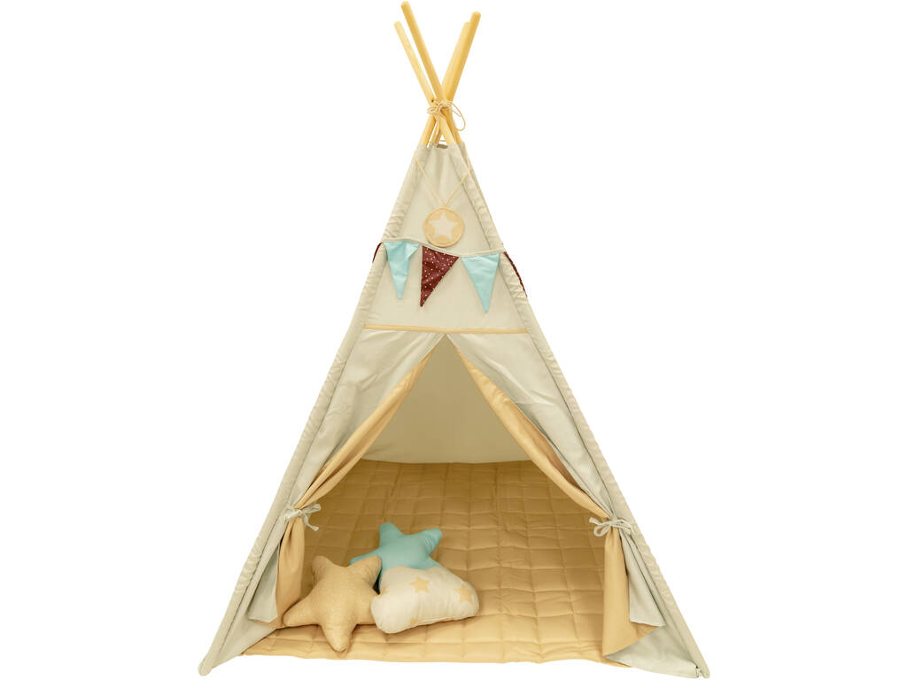 Maison Tipi bleu et gris avec tapis et coussins