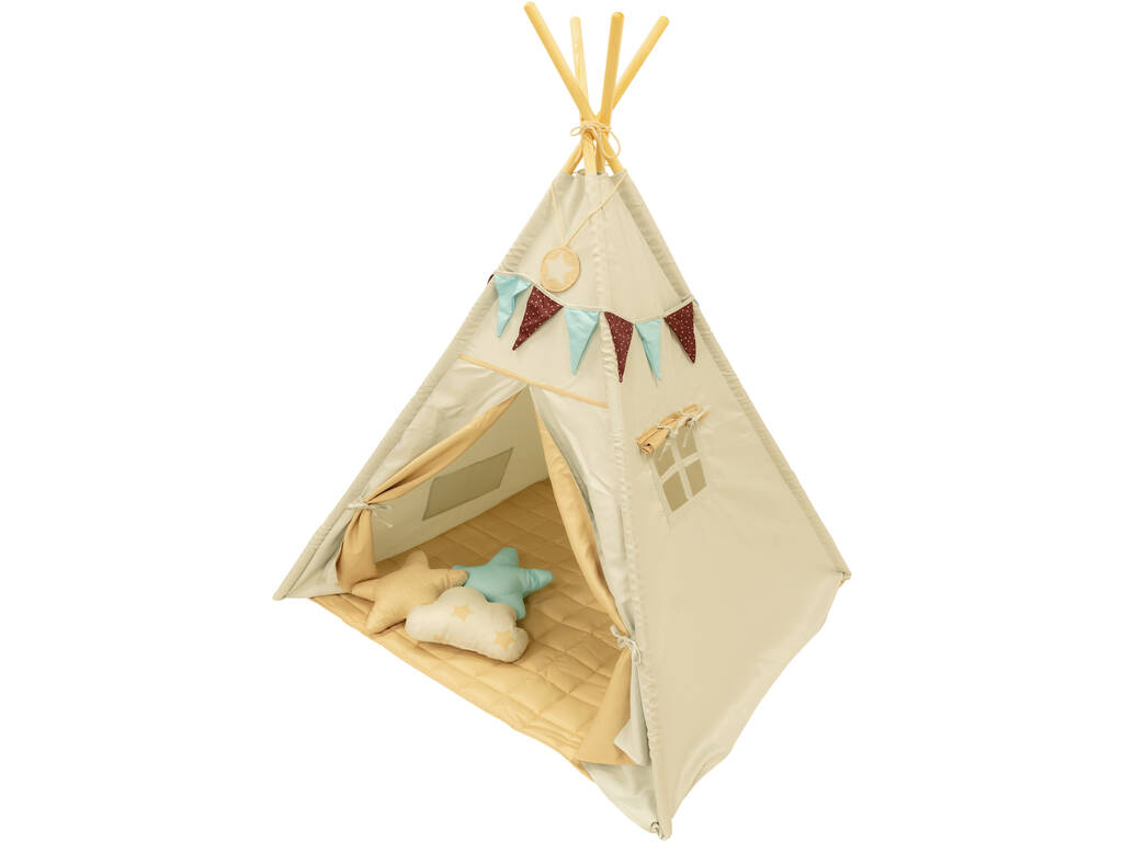 Maison Tipi bleu et gris avec tapis et coussins