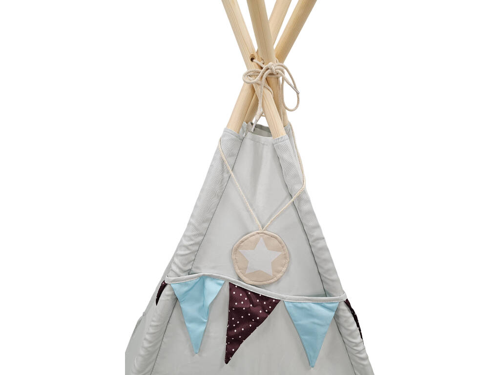 Maison Tipi bleu et gris avec tapis et coussins