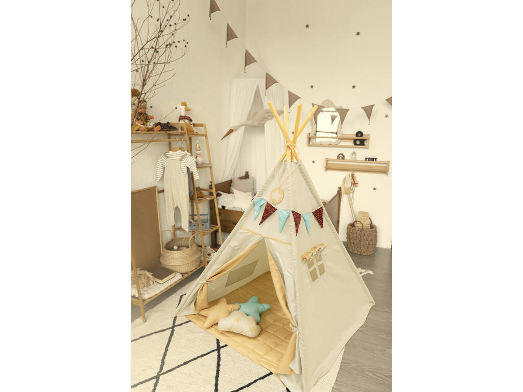 Maison Tipi bleu et gris avec tapis et coussins