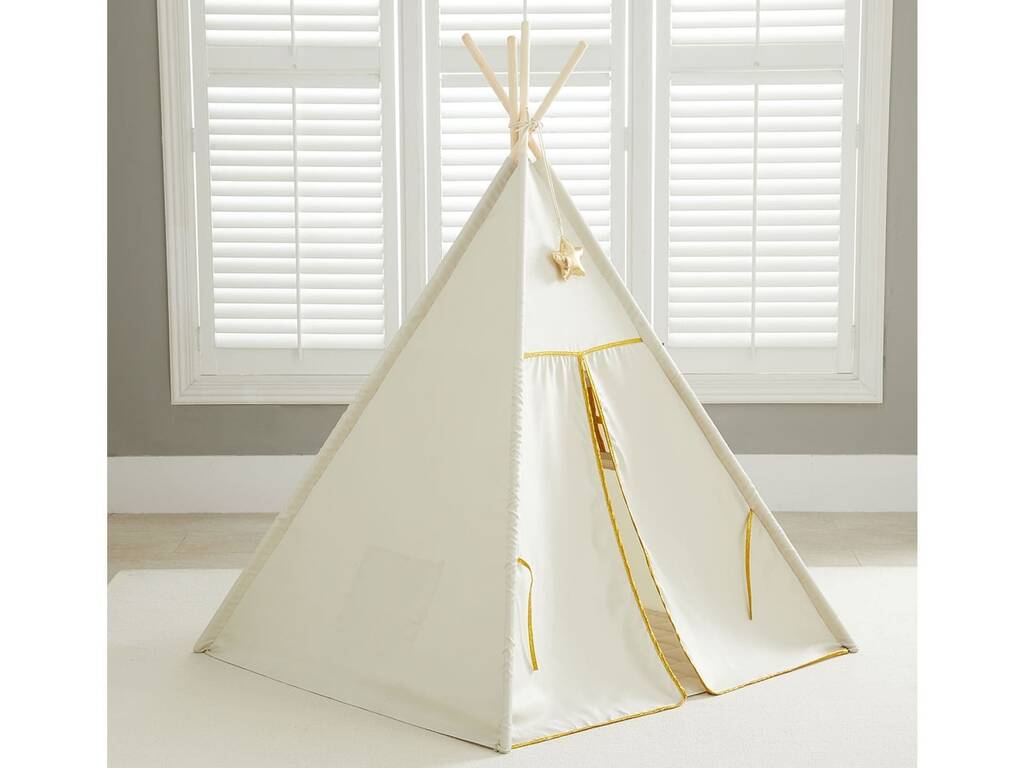 Maison Tipi beige et or avec tapis et coussins