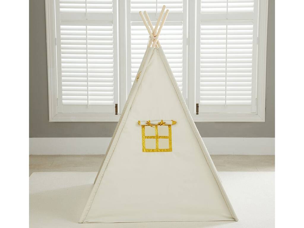 Maison Tipi beige et or avec tapis et coussins