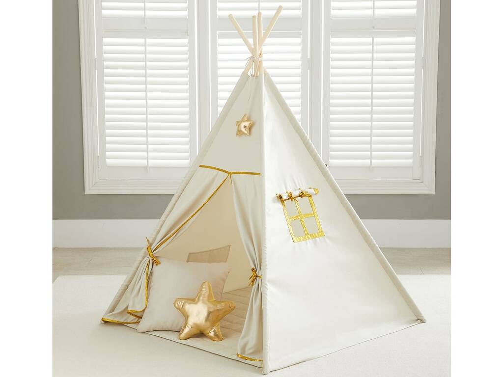 Maison Tipi beige et or avec tapis et coussins