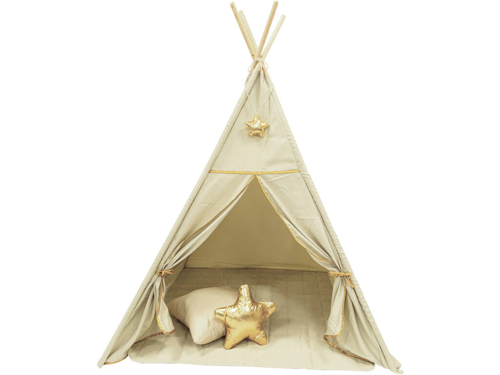 Maison Tipi beige et or avec tapis et coussins