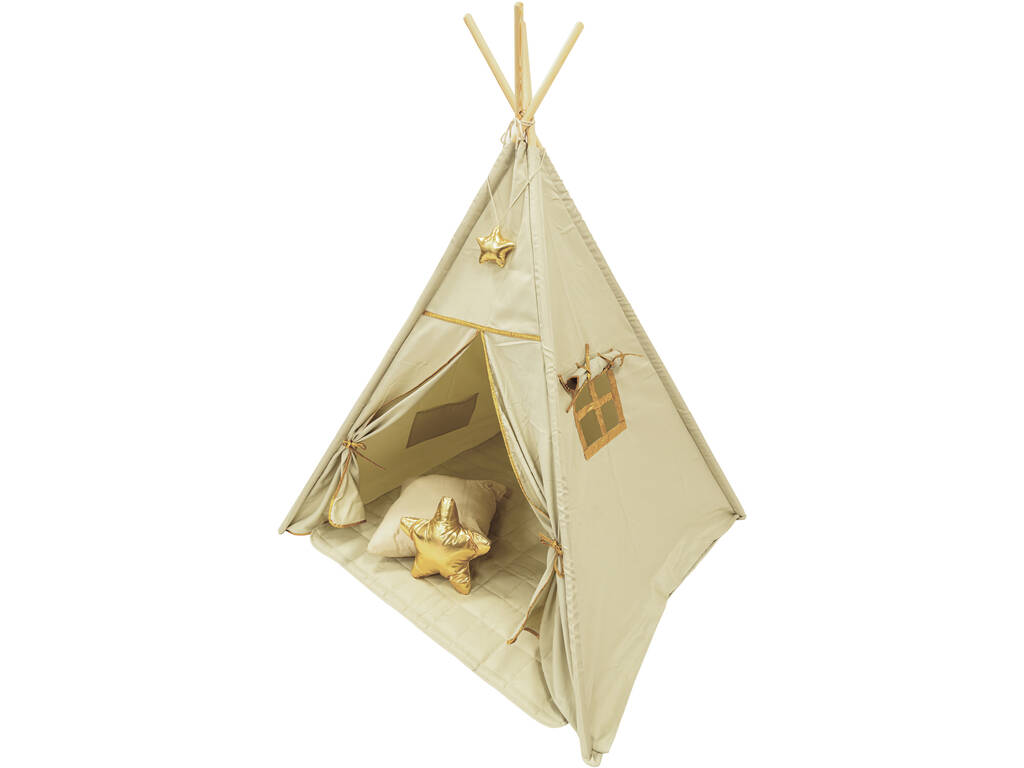 Maison Tipi beige et or avec tapis et coussins