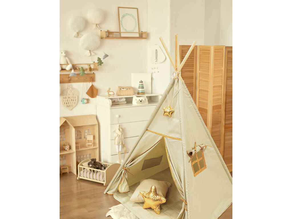 Maison Tipi beige et or avec tapis et coussins