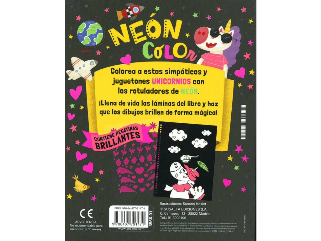 Libro Neon Color Unicorni 1 con pennarelli e adesivi