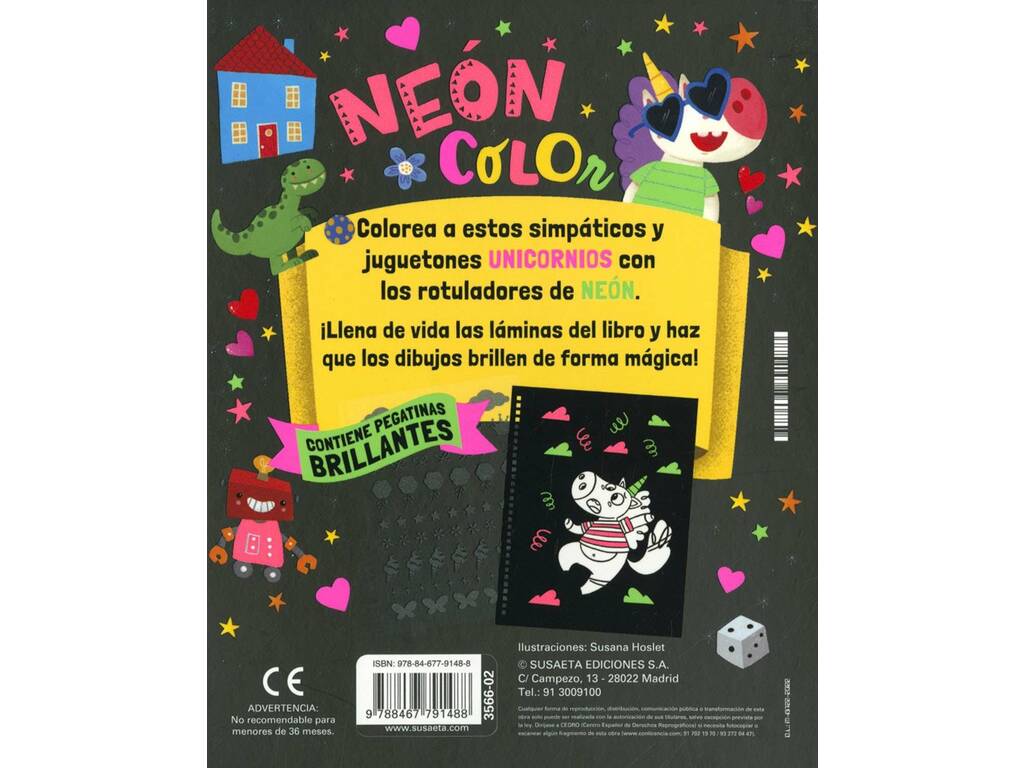 Libro Neon Color Unicorni 2 con pennarelli e adesivi