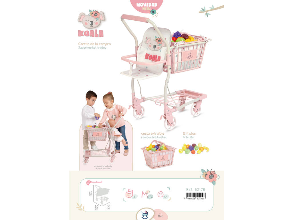 Carrello della spesa Koala con portabebè, cesto e set 12 frutti DeCuevas 52179