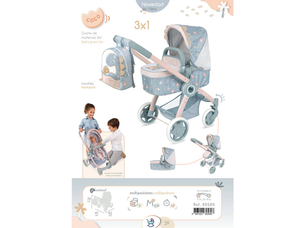 Chariot 3 en 1 pour poupées Coco avec sac à dos DeCuevas 80580
