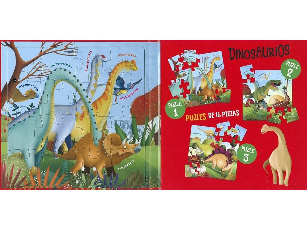 Libro puzzle magnetico Dinosauri con 3 puzzle da 16 pezzi