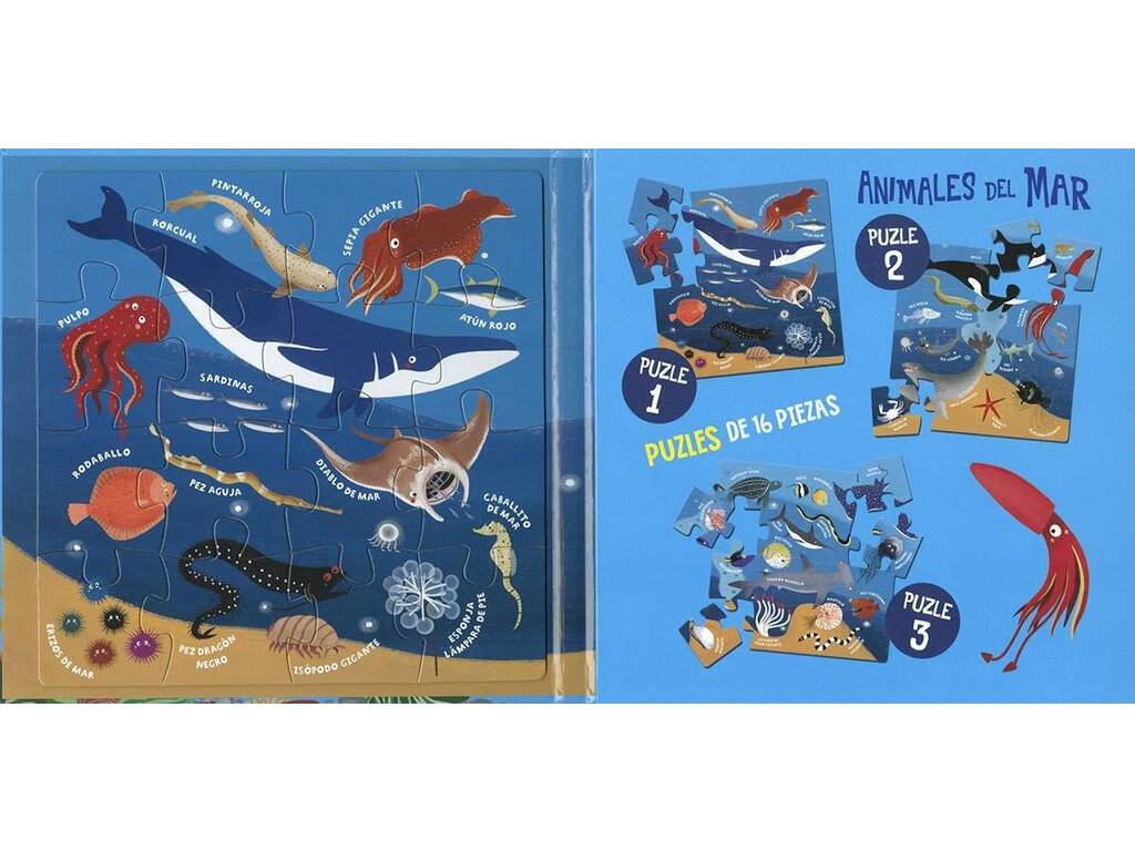 Libro Puzzle magnetico Animali marini con 3 puzzle da 16 pezzi