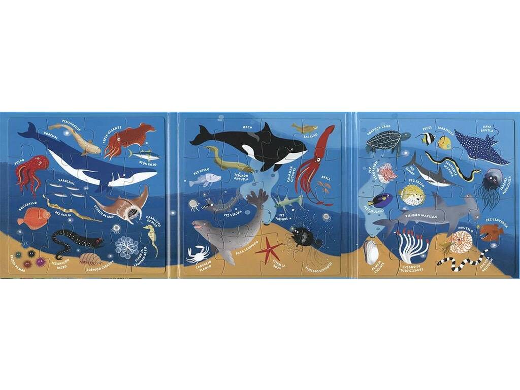 Libro Puzzle magnetico Animali marini con 3 puzzle da 16 pezzi