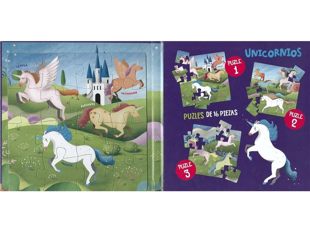 Libro Puzzle magnetico Unicorni con 3 puzzle da 16 pezzi