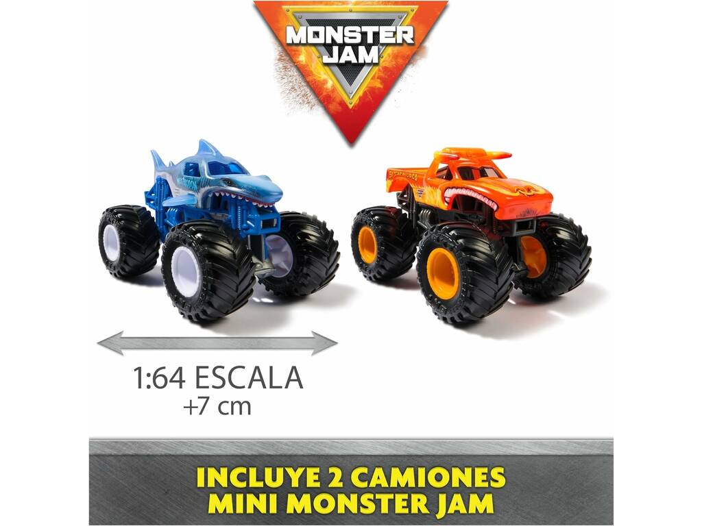 Monster Jam Supercharge Speedway con megalodonte e toro pazzo