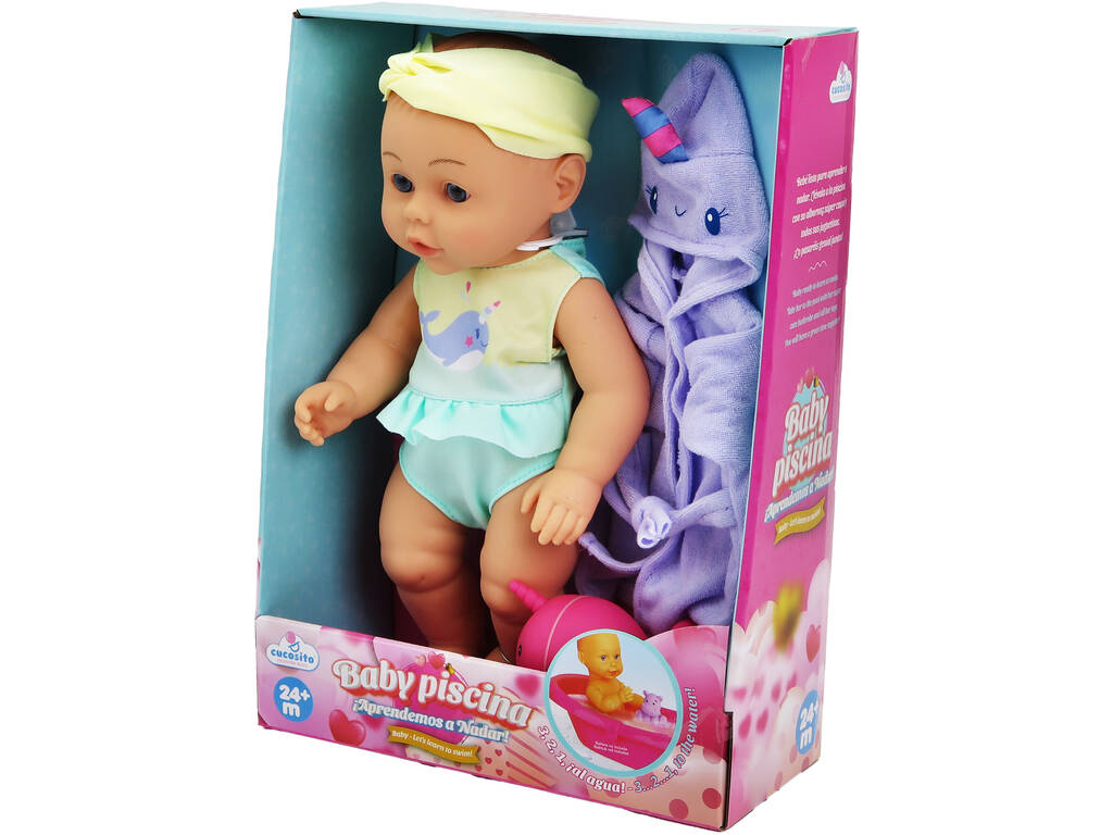 Baby Puppe Baby Pool 30 cm mit violettem Bademantel und Bade-Spielzeug