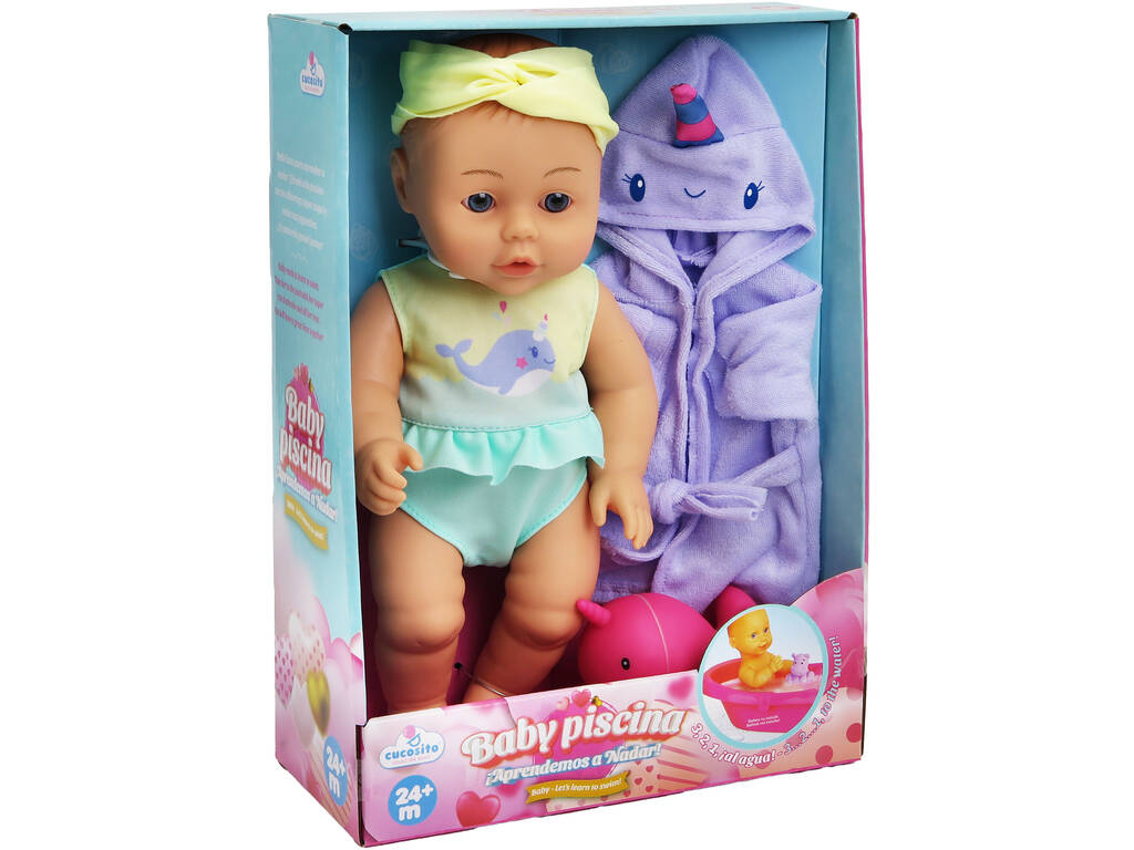 Baby Puppe Baby Pool 30 cm mit violettem Bademantel und Bade-Spielzeug