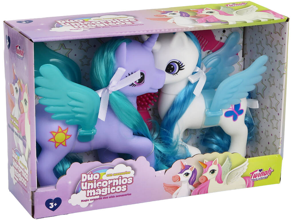 Unicorni magici duo figure bianche e viola con accessori.