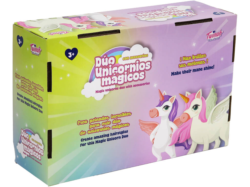 Unicorni magici duo figure bianche e viola con accessori.