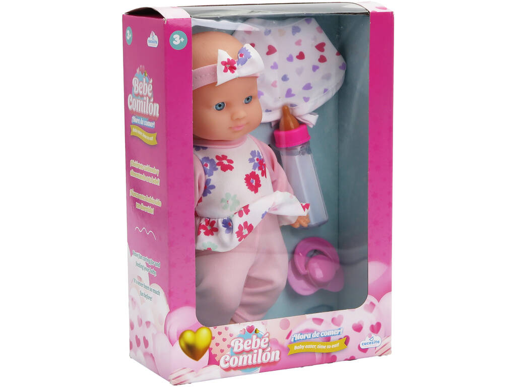 Poupée mangeuse de bébés Pyjama rose 22 cm avec biberon