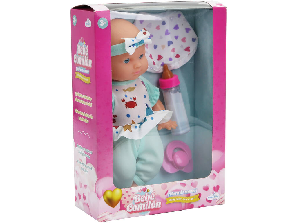 Bambola Bebè Mangione Pigiame blu da 22 cm con biberon