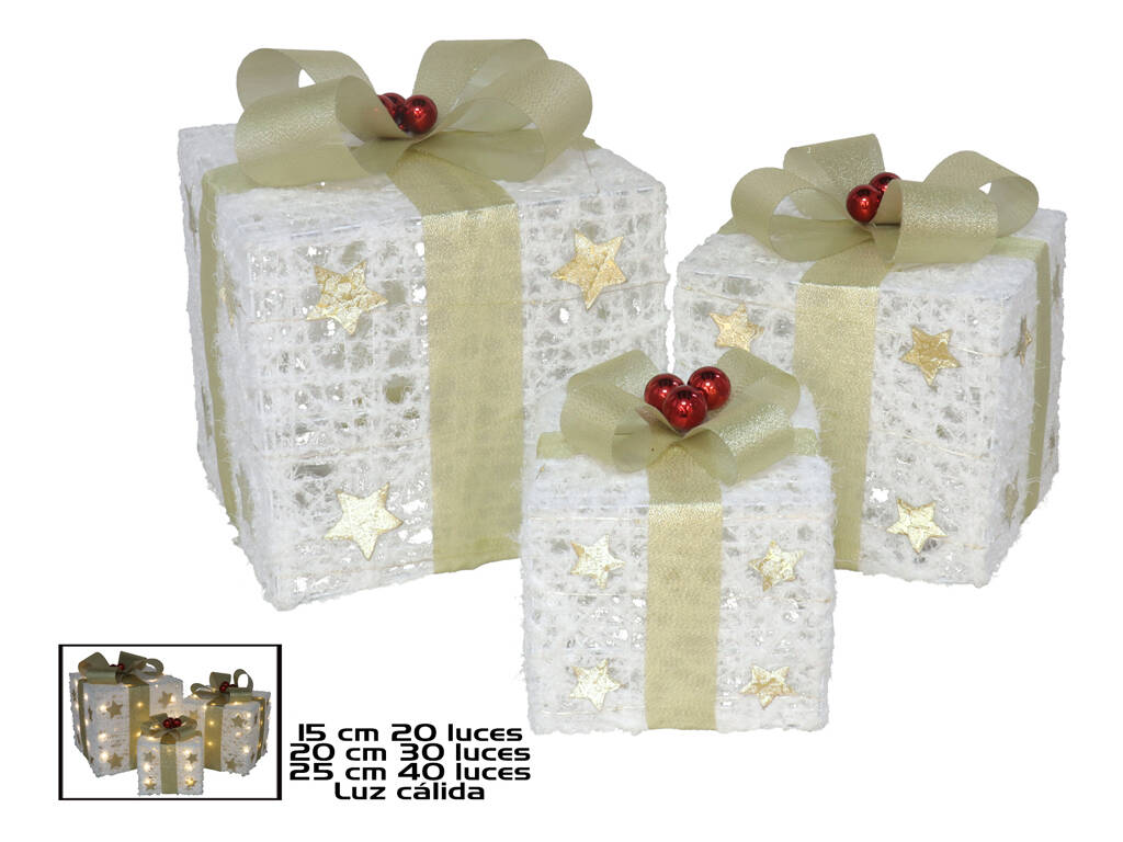 Lot de 3 cadeaux de Noël décoratifs avec lumière chaude