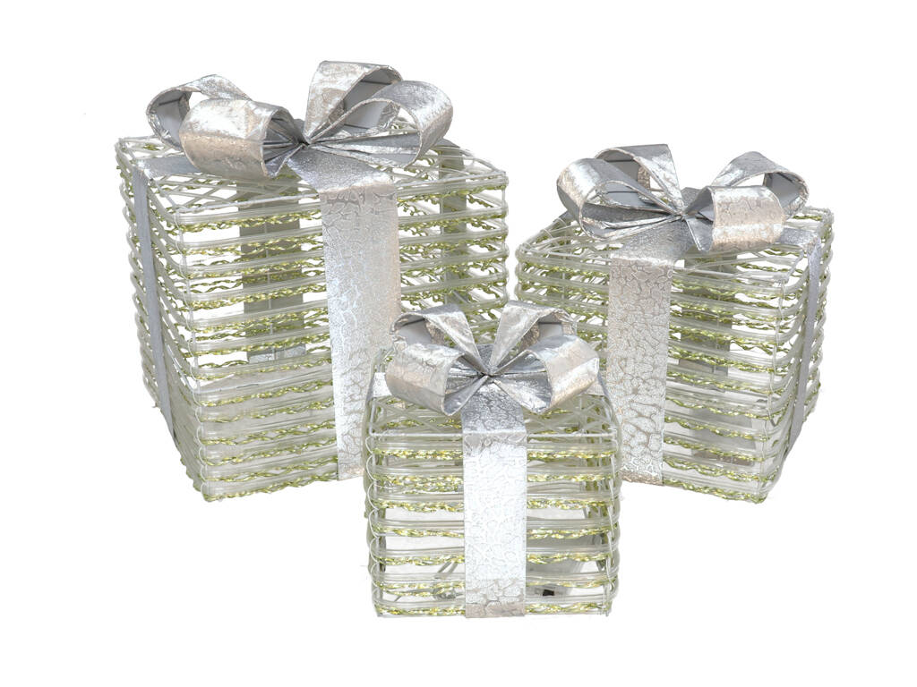 Conjunto de 3 Presentes de Natal Dourados Decorativos de Metal com Luz