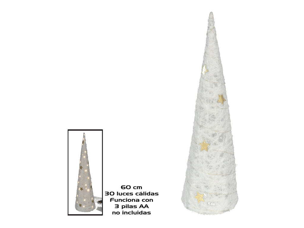 Cône de Noël enneigé de 60 cm avec 30 lumières et étoiles chaudes