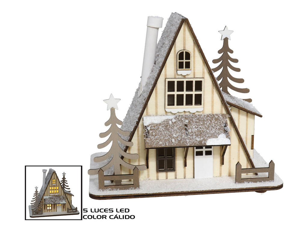 Casetta di Natale in legno da 18,3x12,3x16 cm con 5 luci LED calde