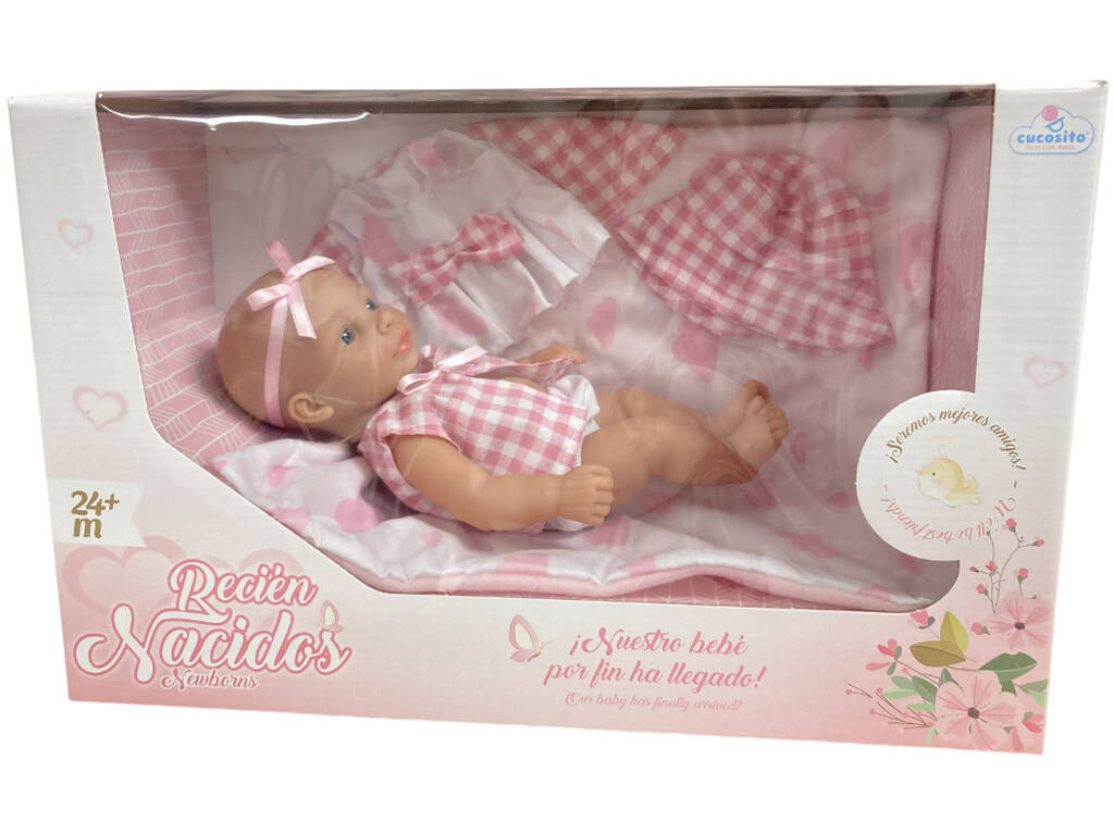 Poupée nouveau-né 28 cm avec look à carreaux rose