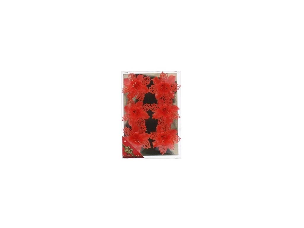 Pack mit 6 Roten Weihnachtsblumen mit Clip 9 cm