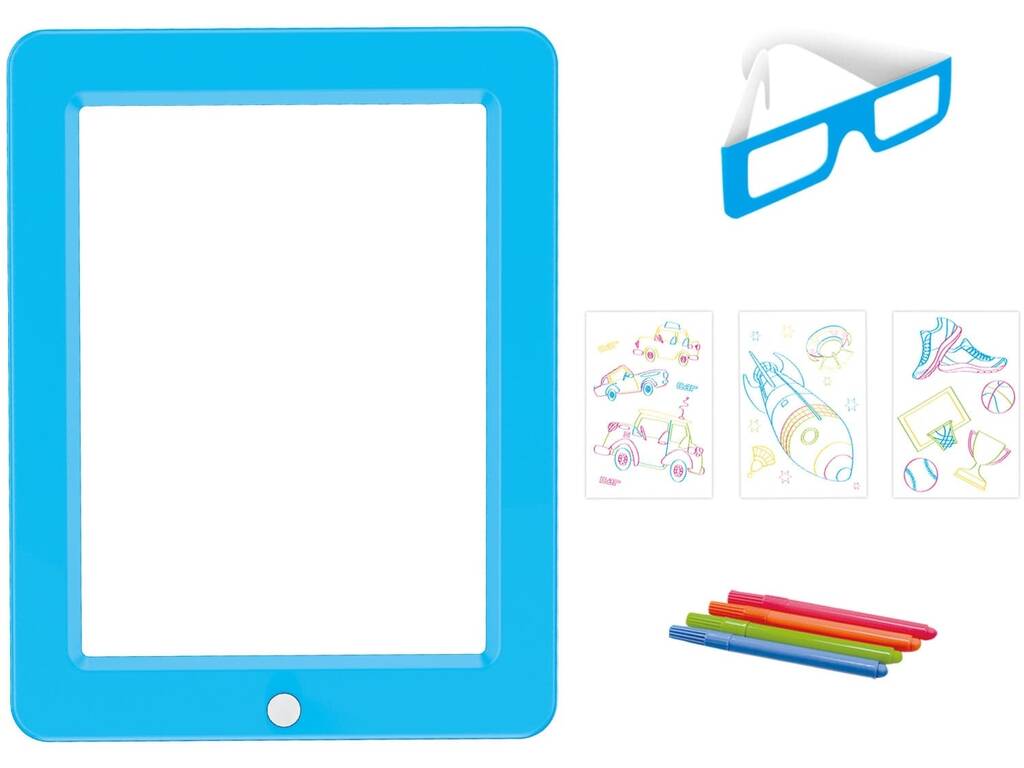 Tablet da disegno 3D blu con luce e occhiali 3D